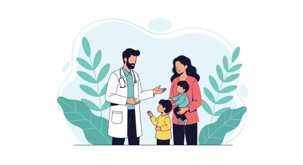 Fototapeta premium Professional male pediatrician giving medical advice to a young mother with her two small children during a clinic consultation.