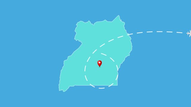 Uganda,  Kampala Map with Location Pin and Airplane Travel Route Animation