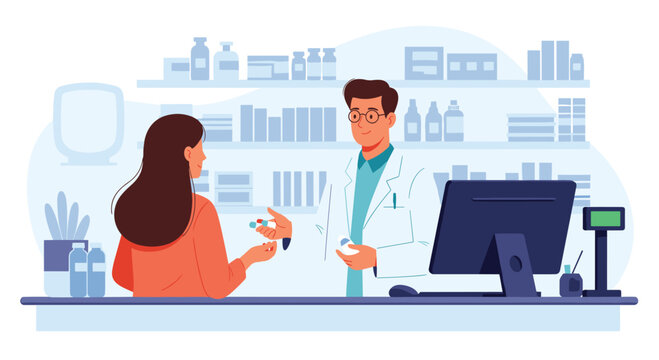 Friendly male pharmacist in a white coat assisting a female customer with her prescription medication at the pharmacy counter.