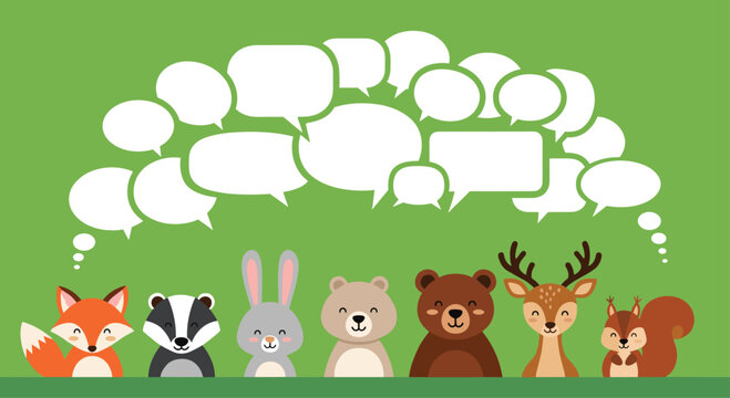 Group of cute woodland animals with multiple empty speech bubbles above them, representing communication, community, and social chat.