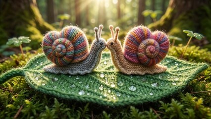 Knitted snails on a green leaf in a forest setting with morning dew and sunlight