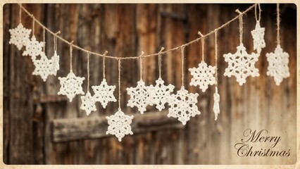 Crocheted white snowflakes hanging on a string with a rustic wooden background for Merry Christmas