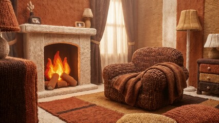Cozy knitted living room with fireplace, armchair, and warm colors in a homely atmosphere