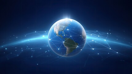 Global Connection and Technology Concept Illustrating Earth Surrounded by Digital Networks and Light Points Representing Data Transmission and Communication