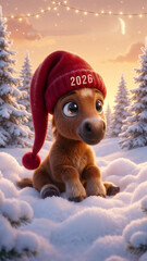 Cute baby horse wearing a red hat with 2026 in a snowy winter landscape
