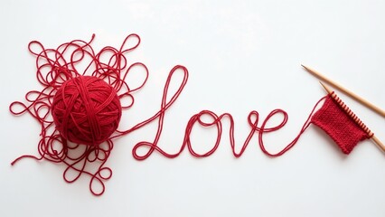 Red yarn spelling love with a ball of yarn and knitting needles on a white background