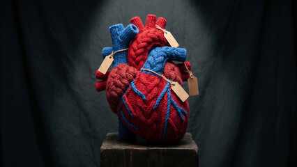 Knitted human heart sculptures in red and blue yarn on a wooden pedestal
