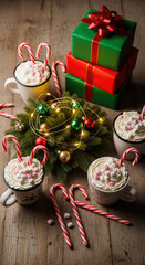Festive Christmas scene: Stacked presents, hot cocoa with marshmallows, candy canes, and twinkling lights on rustic wooden table.