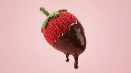 Knitted strawberry dipped in chocolate with a green leaf on a pink background