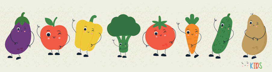 Cute cartoon vegetables characters vector set isolated on beige background. Perfect for kids' educational materials, healthy eating campaigns, or children's design projects.