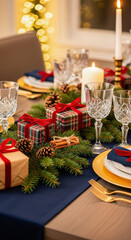 Festive Christmas Dinner Table Setting with Gifts, Candles, Pine Branches, and Sparkling Lights, Conveying Holiday Cheer and Celebration.
