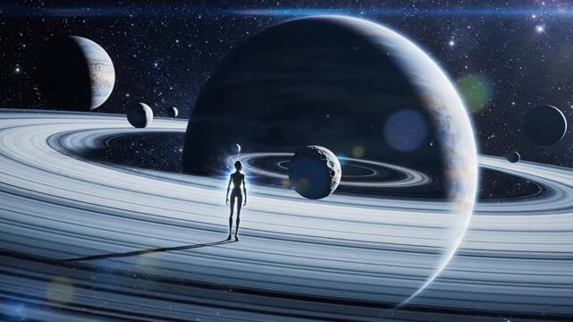 Futuristic explorer stands on the majestic rings of a gas giant, lost in the wonder of a distant cosmic realm, contemplating the universe