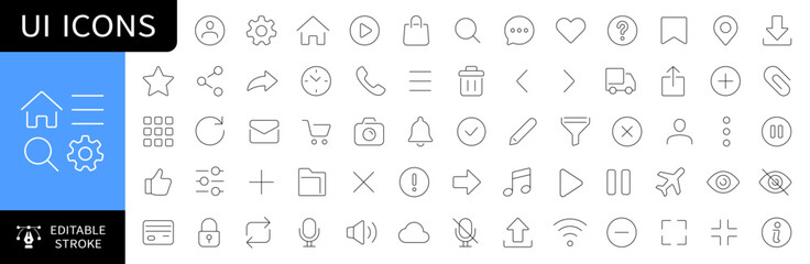 Basic UI icons set. User interface buttons collection. Editable stroke. Vector