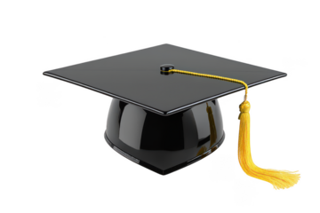 Black graduation cap with yellow tassel isolated on transparent background

