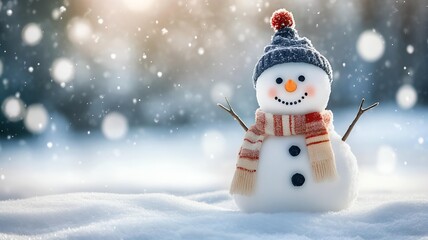 Obraz premium cheerful snowman with scarf and hat in fresh snowfall. winter holiday photography