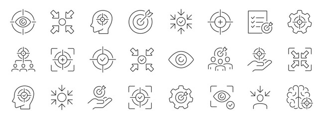 Focus and concentration thin line icons set. Editable stroke. Vector