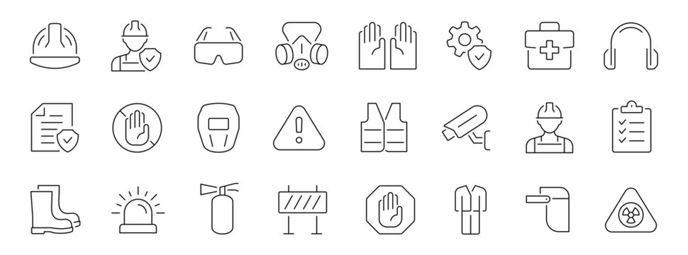 Work safety and protection thin line icons set. Editable stroke. Vector illustration
