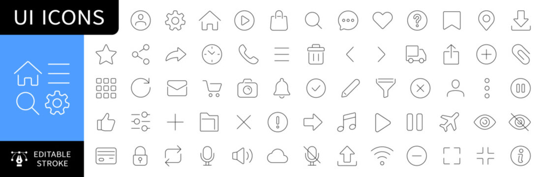 Basic UI icons set. User interface buttons collection. Editable stroke. Vector
