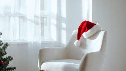 Fototapeta premium santa hat on minimal white chair in soft morning light. clean modern holiday interior