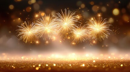Fototapeta premium Stunning display of vibrant fireworks illuminating a dark night sky over shimmering golden lights and elegant bokeh background for celebrations and events