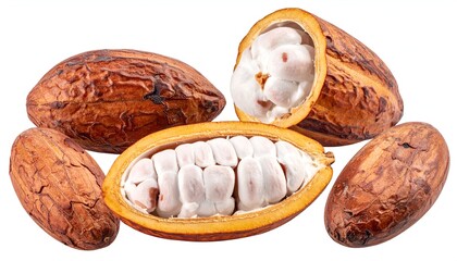 Brown cacao fruits, some sliced open, revealing white seeds, isolated on white