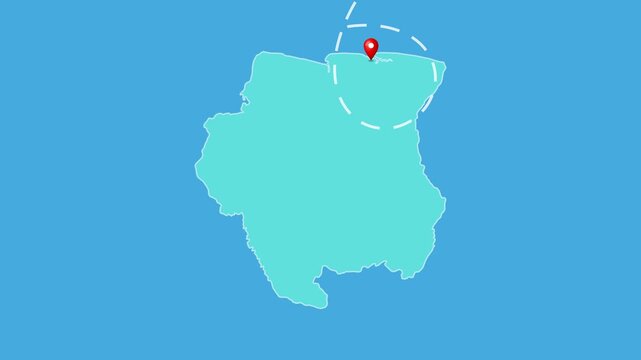 Suriname,  Paramaribo Map with Location Pin and Airplane Travel Route Animation