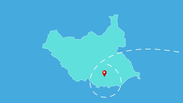South Sudan,  Juba Map with Location Pin and Airplane Travel Route Animation