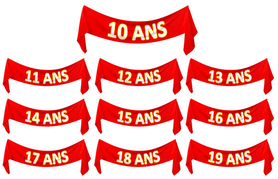 set de banderoles en tissus rouge pour les anniversaires de 10 ans &agrave; 19 ans - rendu 3D sur fond transparent
