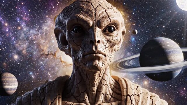 Enigmatic Extraterrestrial Being Confronts the Universe, Surrounded by Cosmic Depths and Distant Planets, A Glimpse into Alien Wisdom