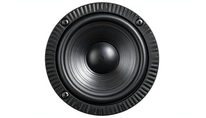 Close-up of a black loudspeaker cone and surrounding frame, against a white backdrop