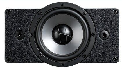 Close-up of a black loudspeaker with a silver cone, circular surround, and textured box