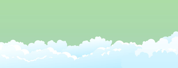 Fluffy White Clouds Vector Background on Light Pastel Green Sky with Copy Space for Summer Templates