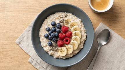 Top-down food photography (flat lay). A beautifully arranged breakfast bowl filled with oatmeal, fresh berries (blueberries, raspberries), sliced banana, and sprinkled with chia seeds