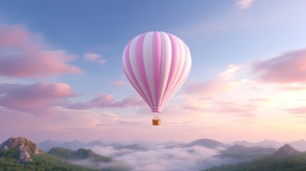 Fototapeta premium Colorful hot air balloon soaring above misty mountains during sunrise, providing a serene and dreamy landscape for adventure and travel enthusiasts.