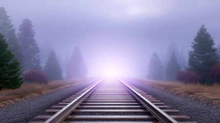 Fototapeta premium Misty Railway Tracks Leading to Unknown Destination Shrouded in Fog with Lush Green Trees and Ethereal Light in Background