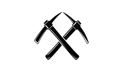 A striking black and white illustration depicts two pickaxes crossed in an x formation showcasing mountaineering equipment and a symbol of rugged outdoor adventure