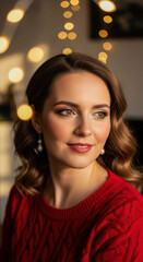 Beautiful young woman with elegant makeup smiling cheerfully in a red sweater, surrounded by warm fairy lights at home.