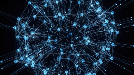 Artificial Intelligence Neural Network Visualization. Complex three-dimensional lattice structure of interconnected glowing blue nodes and thin white lines, fading into a deep black background.