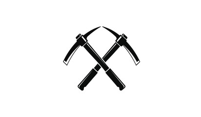 A striking graphic presentation features two crossed pickaxes in a bold black silhouette symbolizing labor mining and industrial strength against a simple white background