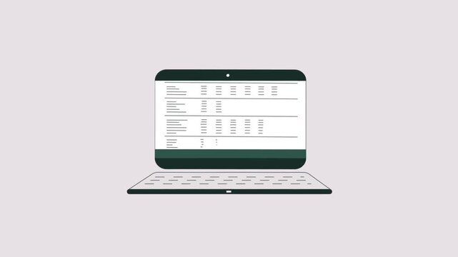 2D animated laptop showing data table and reports, business analytics, statistics, finance and digital reporting concept in flat illustration style