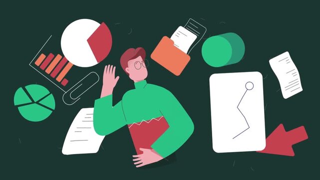 2D animated flat illustration of scattered objects and planning elements representing creative workflow, multitasking, productivity and daily work organization concept