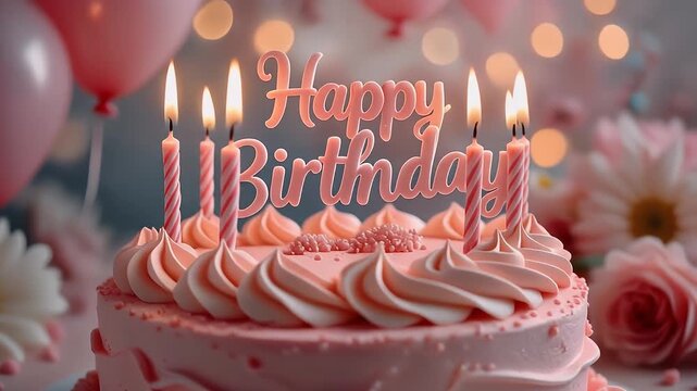 Decorated birthday cake with pink frosting, candles and happy birthday topper surrounded by balloons and flowers, soft bokeh effect, festive atmosphere, party concept, celebration, event decor.