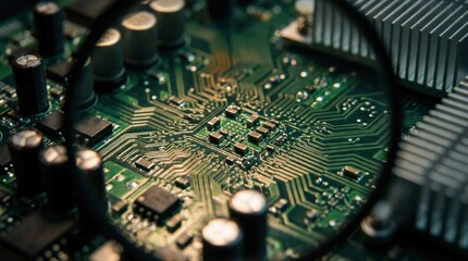 Server Room Circuit Board Macro. Extreme macro view of a computer motherboard, emphasizing glowing gold and green traces and microchips. Shallow depth of field, high contrast