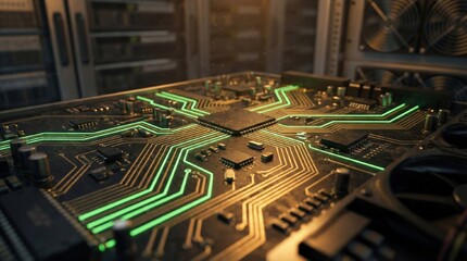Server Room Circuit Board Macro. Extreme macro view of a computer motherboard, emphasizing glowing gold and green traces and microchips. Shallow depth of field, high contrast