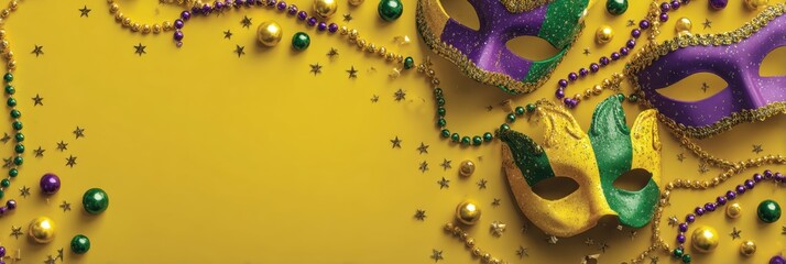 Vibrant Mardi Gras festive border with colorful masks and sparkling beads, celebration poster background concept