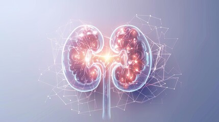 Visualization of glowing human kidneys with a complex network of luminous lines and structures. The construction of the anatomical organ of the human kidney.