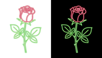 Single neon red rose glowing brightly as romantic symbol for modern valentines day. Isolated on transparent PNG overlay
