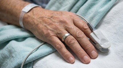 A patient's hand with medical equipment illustrates the quiet strength and determination amidst challenging times in a hospital setting. 