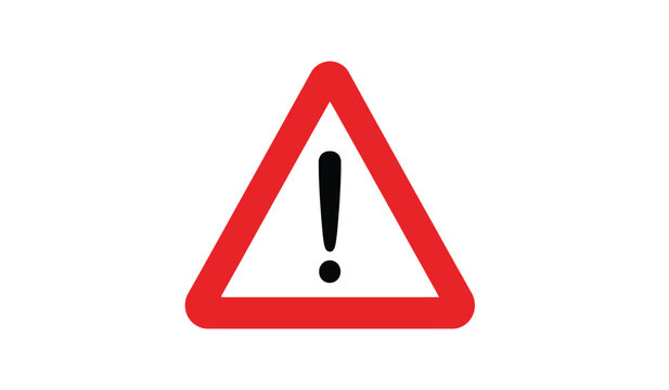 This image depicts a standard triangular warning sign with a bold black exclamation point centered within its bright red boundary signaling caution