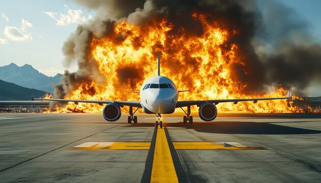 Passenger plane on fire after an accident on runway. Large flames and smoke erupt from the burning aircraft. Air disaster crash concept. Plane on fire near airport